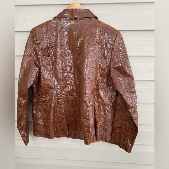 BRADLEY BAYOU brown leather coat shiny crocodile embossed Y2K Glam vintage sz L - Picture 5 of 14